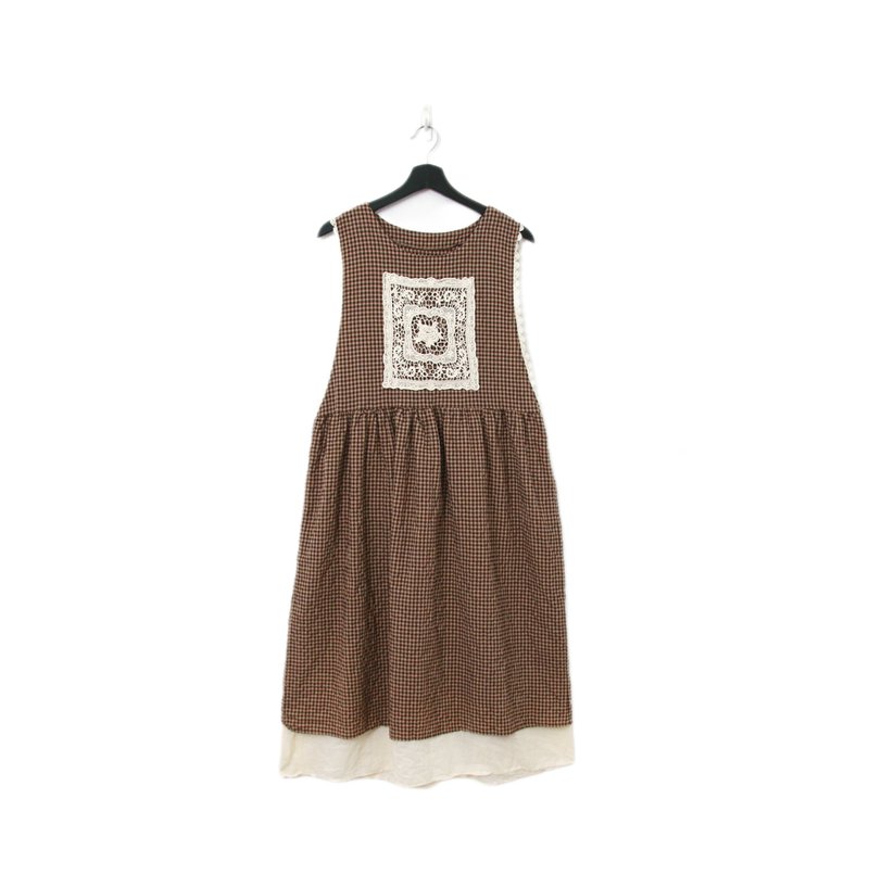 Back to Green-復古長洋裝 咖啡格紋 蕾絲 Ls-47//vintage dress - 洋裝/連身裙 - 棉．麻 