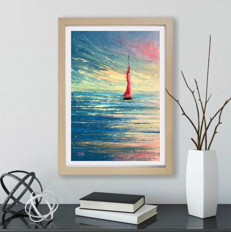 Original Oil painting On Canvas Sailboat Seascape Sunset Sunrise Impasto Art - 壁貼/牆壁裝飾 - 棉．麻 多色
