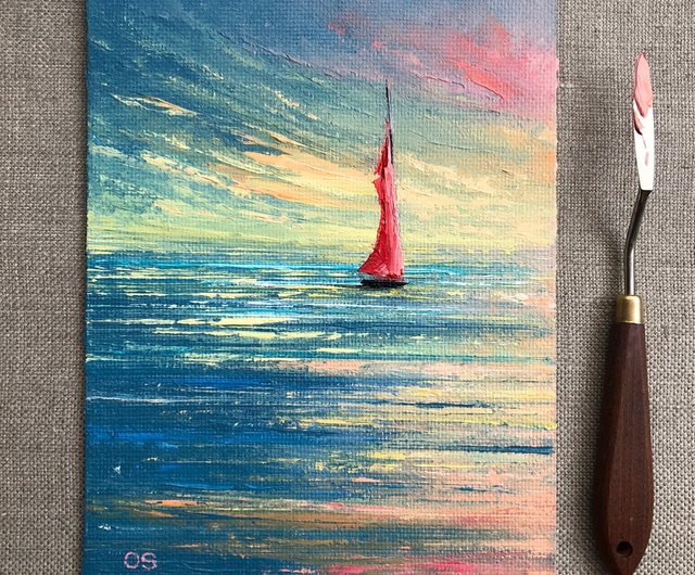 キャンバスにオリジナルの油絵ヨット海景日没日の出インパスト