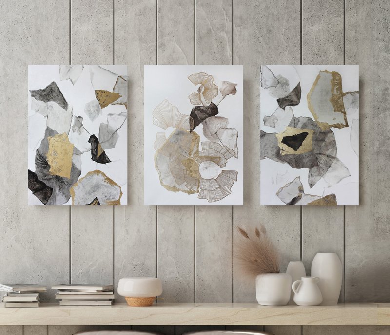 Golden Gray Abstract Painting | Triptych Wall Art Abstract | Voile 3 Set - 壁貼/牆壁裝飾 - 棉．麻 金色