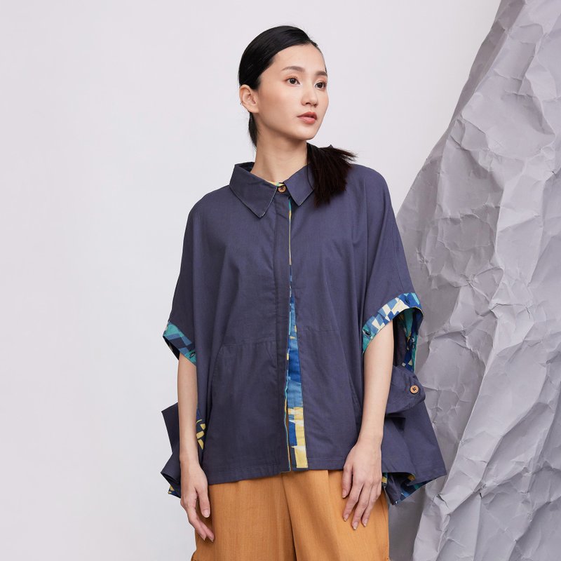 精靈帕克兩穿罩衫斗篷_寧靜深海 - 女上衣/長袖上衣 - 棉．麻 藍色