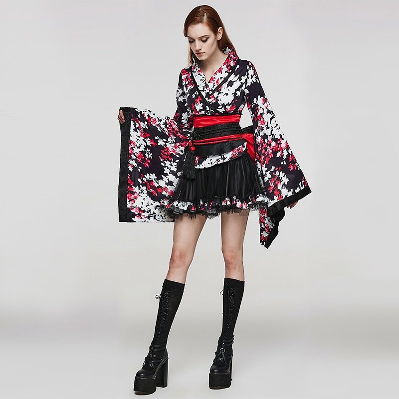 Lolita Miko Edo Kimono Dress - Black & White / Black Red / Four-Piece Set /*Classic Remake* - ชุดเดรส - วัสดุอื่นๆ สึชมพู