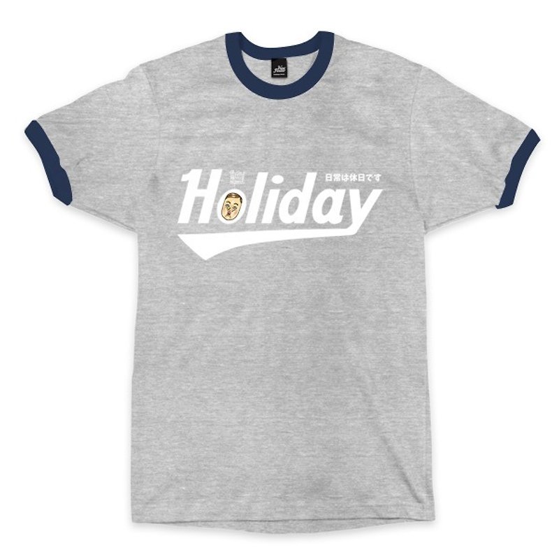 Holiday Mr. Paul Signed-Piping Grey Navy-Unisex T-shirt - เสื้อยืดผู้ชาย - ผ้าฝ้าย/ผ้าลินิน สีเทา