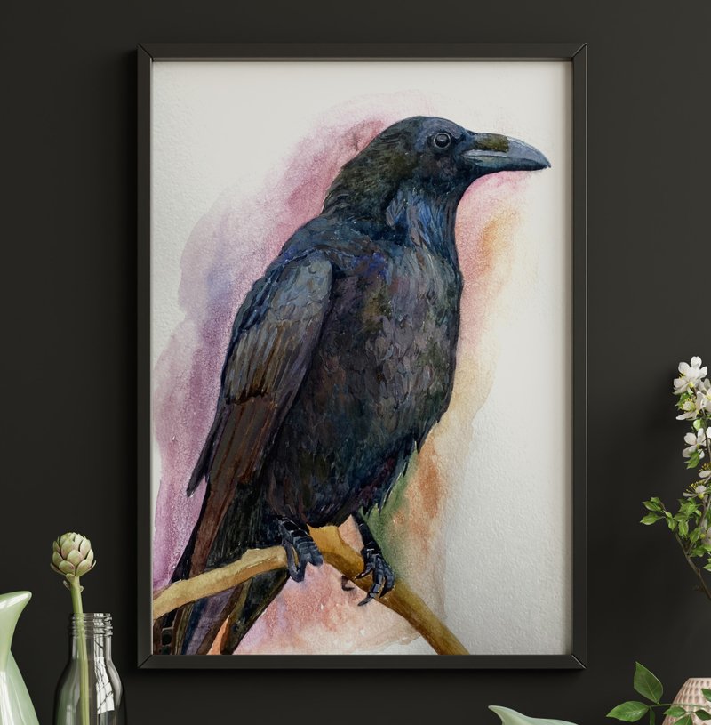 黑烏鴉 萬聖節繪畫 原創水彩畫 鳥 動物藝術 - 壁貼/牆壁裝飾 - 紙 黑色
