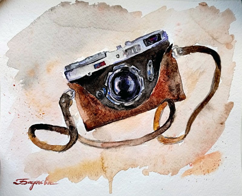 Photo Camera Watercolor Original Camera Art Watercolor Artwork - โปสเตอร์ - กระดาษ สีนำ้ตาล