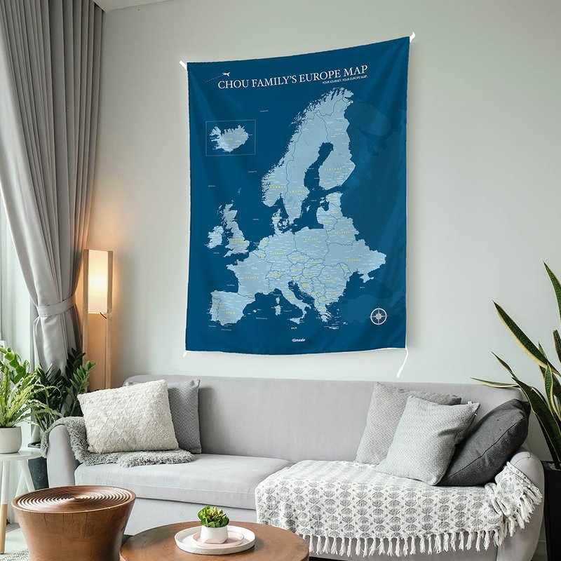 歐洲地圖佈置-訂製歐洲掛布。普魯士藍 (客製化禮物 聖誕禮物) - 地圖 - 聚酯纖維 藍色