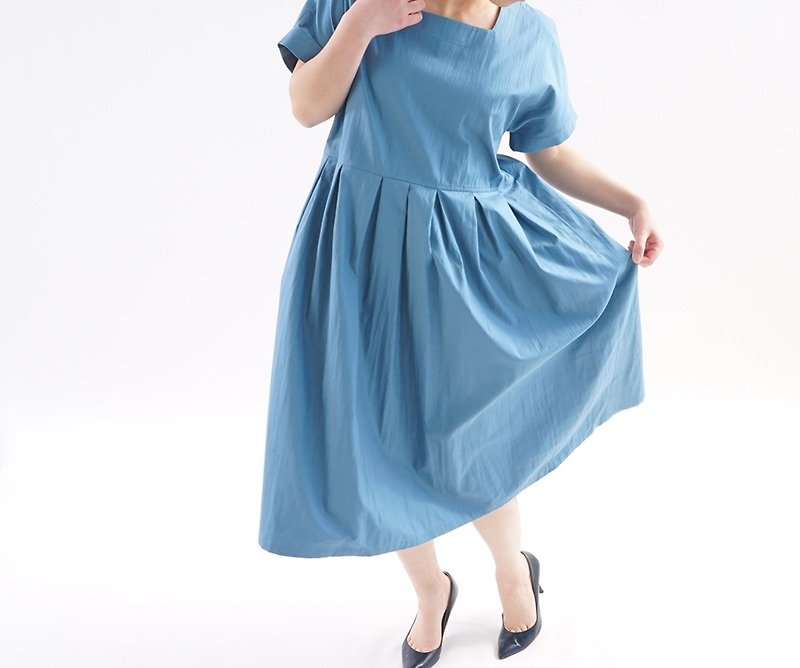 皺コットン スクエアネックのワンピース/アドリティックブルー  a15-9 - 連身裙 - 棉．麻 藍色