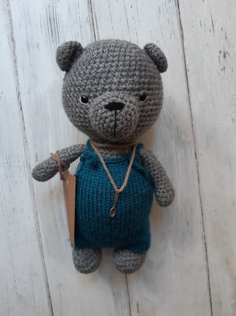 Hand crochet Funny Bear in Overalls Stuffed toys Plush toys Animals Knit Gift - 寶寶/兒童玩具/玩偶 - 壓克力 灰色