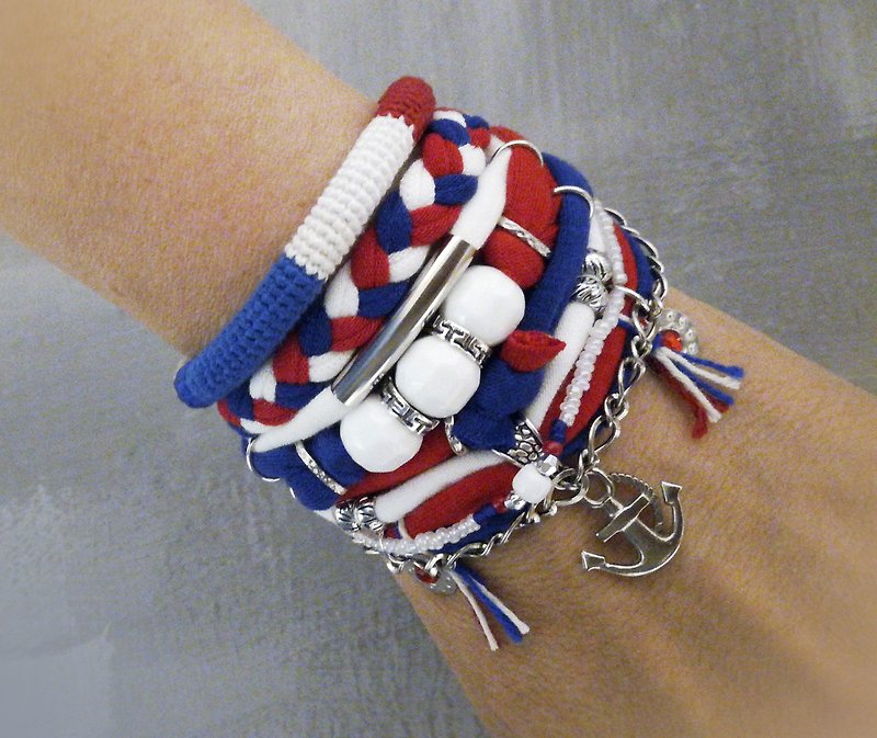 Multi Strand Bohemian Bracelet Set Anchor Charm Nautical Jewelry Red White Blue - สร้อยข้อมือ - ผ้าฝ้าย/ผ้าลินิน หลากหลายสี