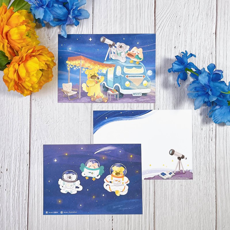 [WUWU Illustration] Original Illustration Postcard Universal Card - Stargazing & Astronaut - Cards & Postcards - Paper Blue