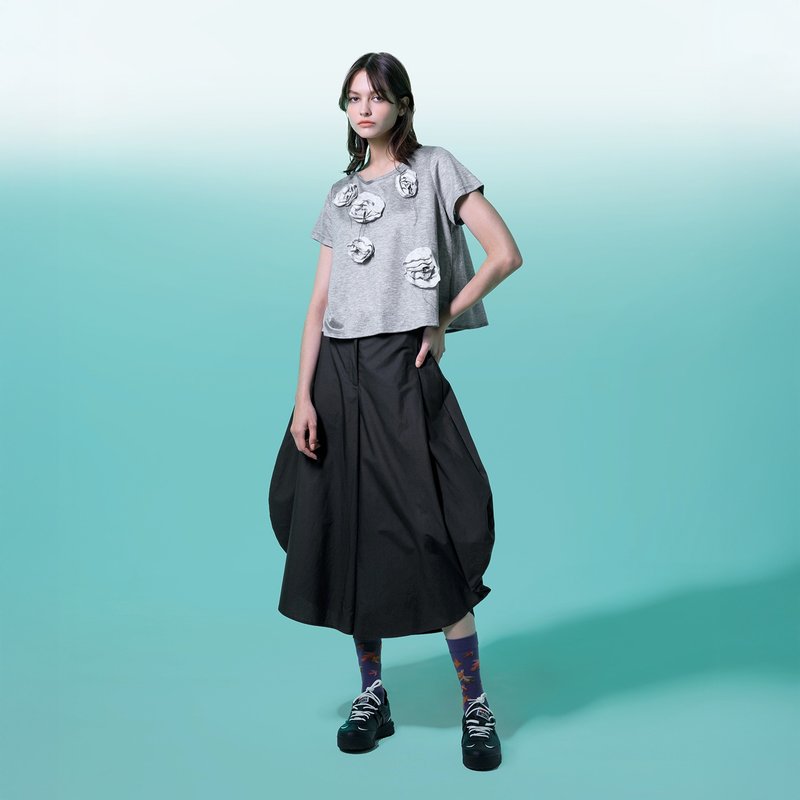 造型感圓弧剪裁褲裙 - 女長褲 - 棉．麻 黑色