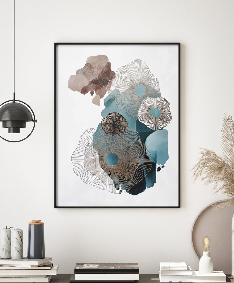 Blue gold acrylic painting | Navy gold painting Abstract |  Golden molecules 2 - 壁貼/牆壁裝飾 - 棉．麻 藍色