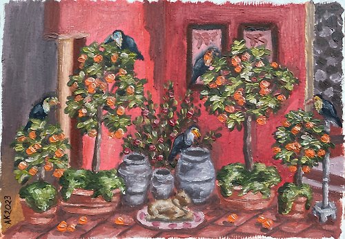 Anastasia Art - 独特的工艺 Orange & Toucan oil painting, tropical illustration, home interior, birds, fruit