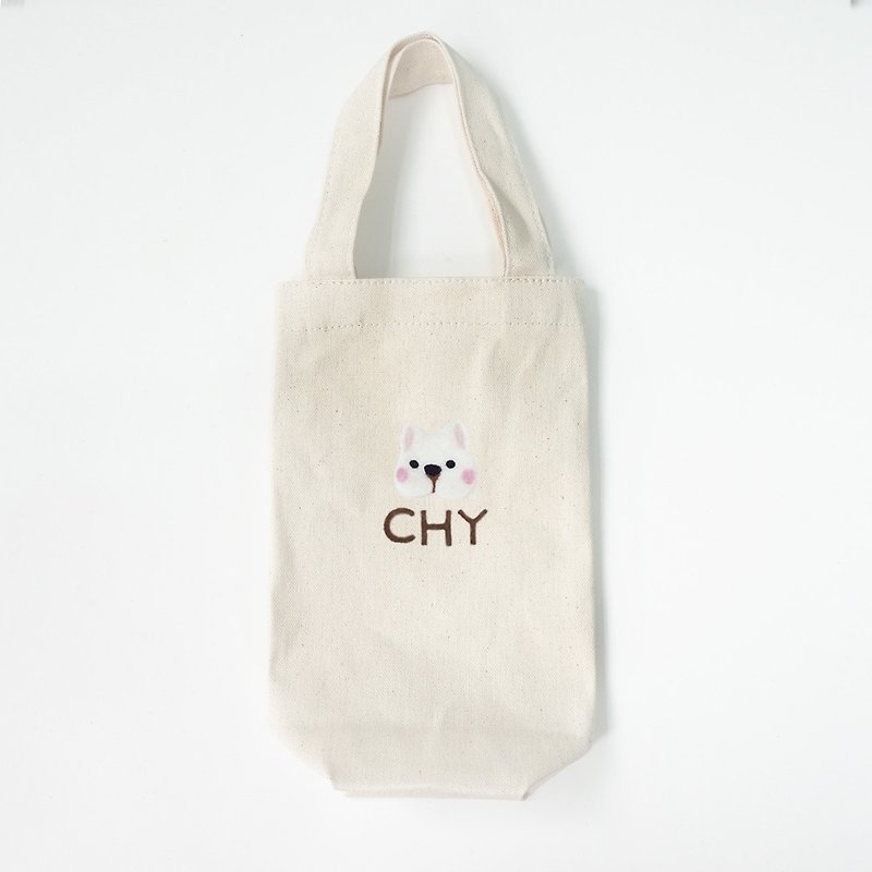 【Q-cute】Water bottle bag series-dog head plus character/customized - ถุงใส่กระติกนำ้ - ผ้าฝ้าย/ผ้าลินิน 