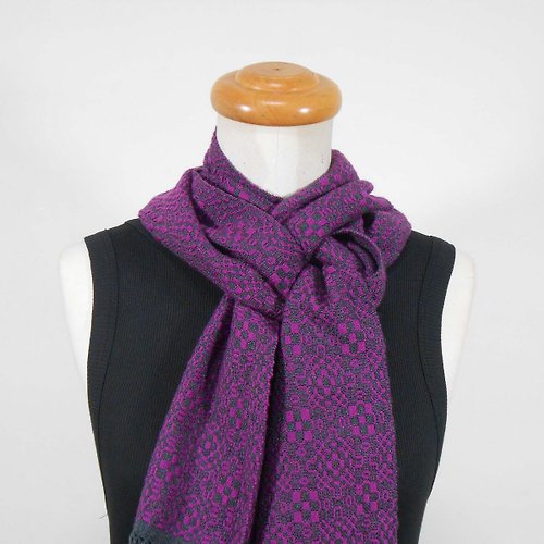 慢手做 梭織 手工圍巾-100%美麗諾羊毛圍巾09深灰x紫紅