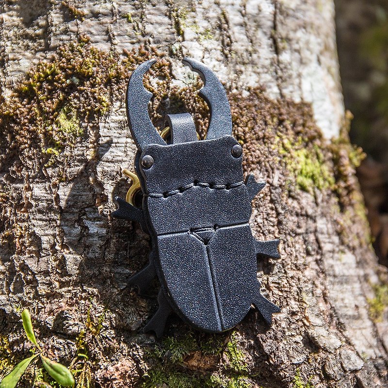 Beetle series-long-horned large stag beetle key ring - Charms - Genuine Leather Black