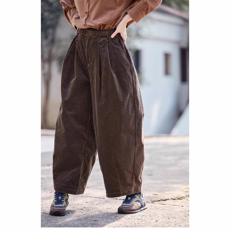 栗咖色復古燈芯絨松緊腰蘿卜褲 - 女長褲 - 棉．麻 