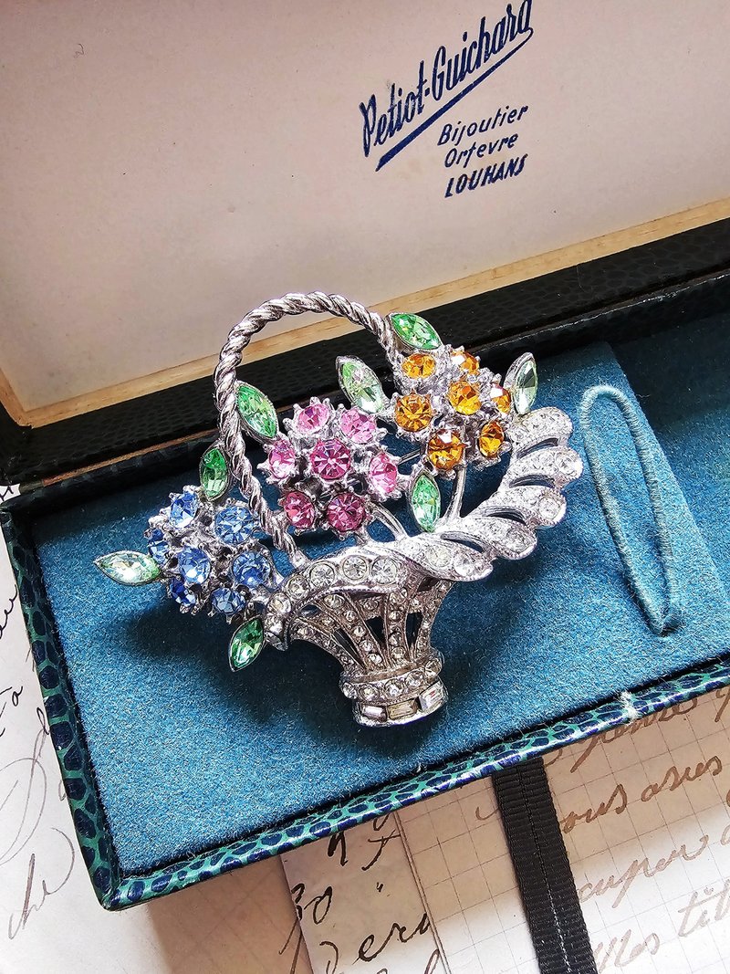 Vintage signed ORA Colorful Flower Basket Brooch 【vintage jewelry】 - Brooches - Other Metals Silver