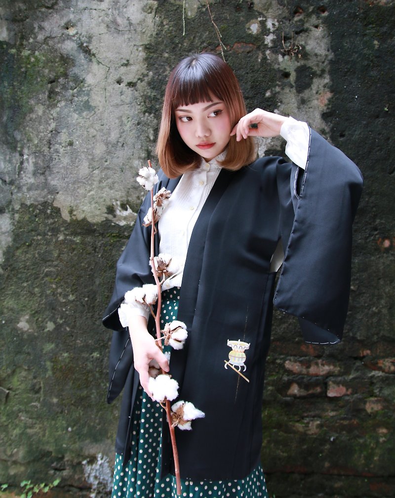 Back Green ::日本の着物の羽への逆織りと細心手描きの男性と女性の両方が古代を着用// //ヴィンテージ着物（KI-63） - ジャケット - シルク・絹 