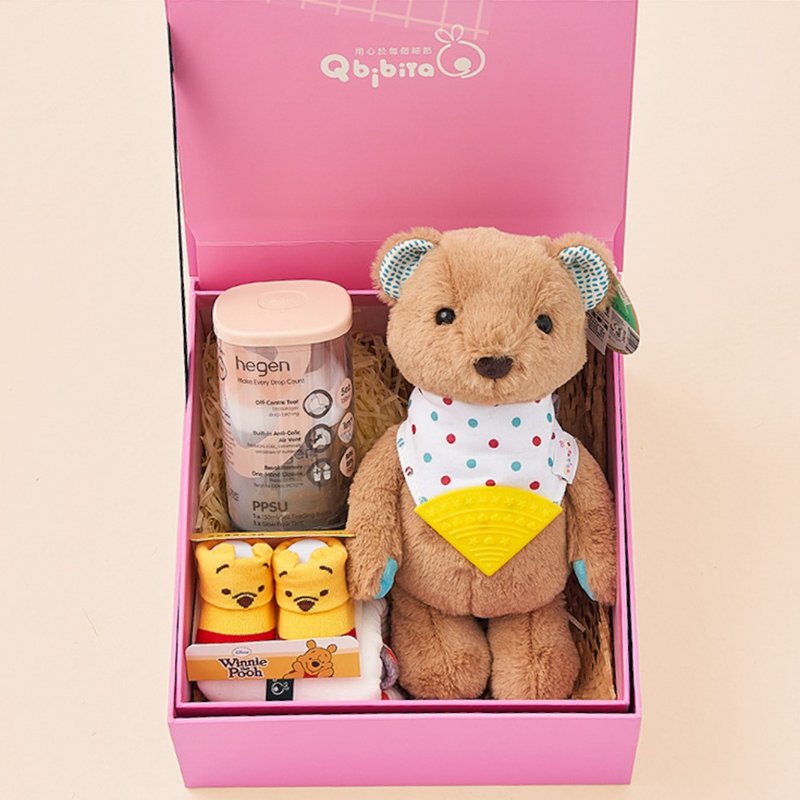 【Customizable】Bear Comfort Set - Plush Toy + Multi-Use Blanket + Baby Bottle + Baby Socks Full Moon Gift Box - ของขวัญวันครบรอบ - ผ้าฝ้าย/ผ้าลินิน สีเหลือง