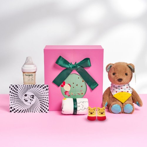 Qbibiya新生兒禮物 【客製】熊好尚好-安撫娃娃+萬用巾+奶瓶+寶寶襪(滿月彌月新生兒)