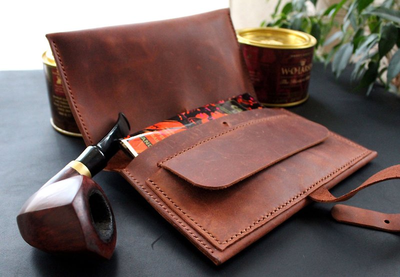 Handmade leather pipe pouch Personalized Pipe Roll Tobacco Pipe Pouch Case - 其他 - 真皮 咖啡色