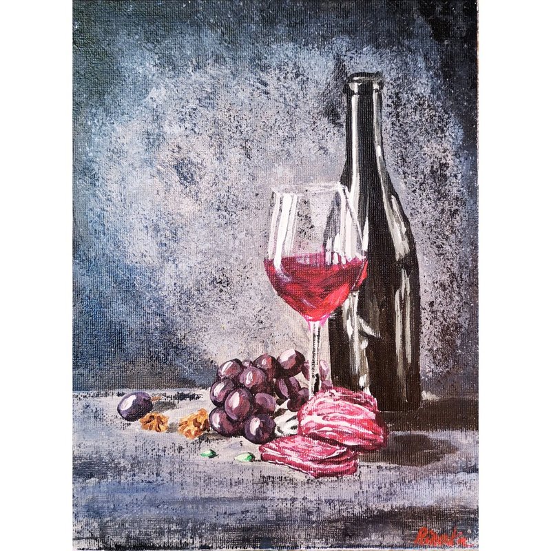 Bottle Of Wine Original Framed Wall Art Still Life Kitchen Painting By RinaArtSK - Wall Décor - Other Materials Multicolor