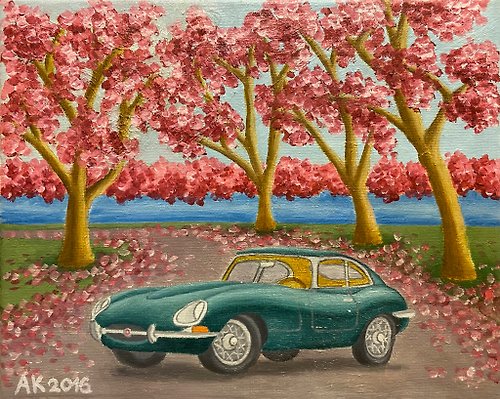Anastasia Art - 独特的工艺 Green Jaguar, original oil painting, oil on canvas, e-type classic car, cherry