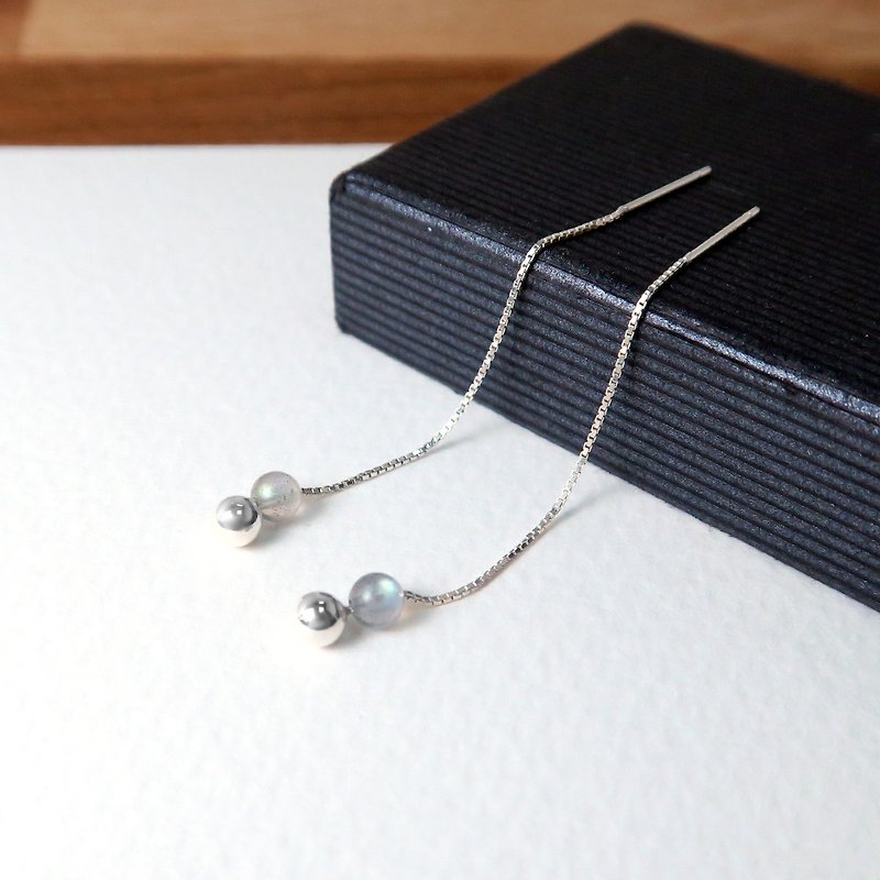 Ash Moonstone Venice Long Chain Earrings (Small) - 925 Sterling Silver Natural Stone Earrings - ต่างหู - เงินแท้ สีเทา