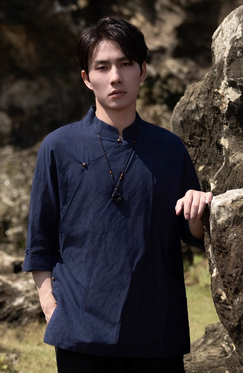新中式復古 斜門襟立領短袖襯衫 - 男裝恤衫 - 其他材質 藍色