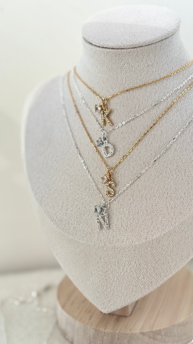 s925 銀色字母吊鋯石頸鏈 - 項鍊 - 銀 