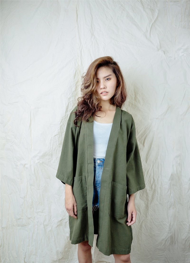 Pickle Green Kimono Jacket - 女大衣/外套 - 棉．麻 綠色