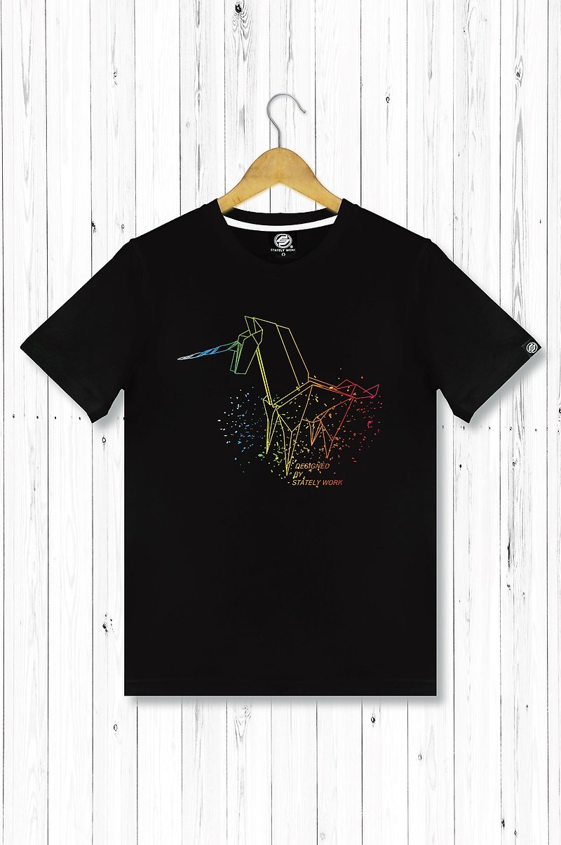STATELYWORK Rainbow Unicorn Men&#39;s Short T-shirt Black and White Two Colors