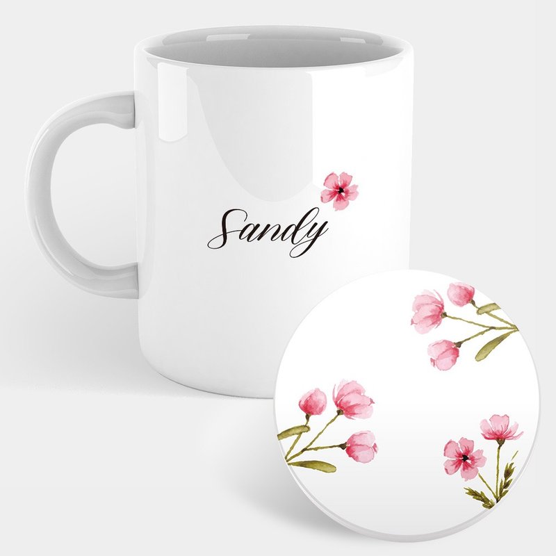 【客製化禮物】 粉色花朵 可客製化文字 馬克杯 杯墊 PU052 - 咖啡杯/馬克杯 - 瓷 粉紅色