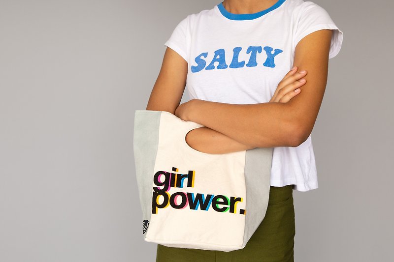 [Canadian Fluf Organic Cotton] Handbag--(female power) gifts for girls - กระเป๋าถือ - ผ้าฝ้าย/ผ้าลินิน สีเทา