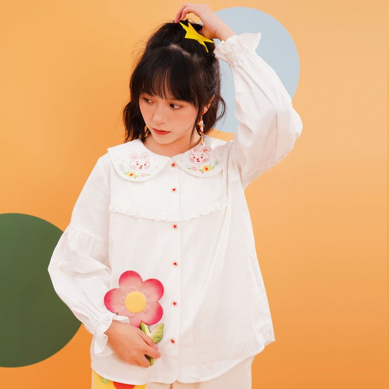 小兔子嗡嗡襯衣復古昭和可愛舒服透氣純棉天絲精美刺 - 女襯衫 - 棉．麻 白色