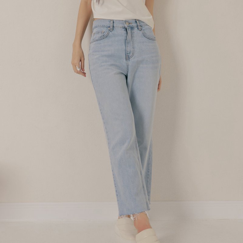 Light sea blue-shrunk denim pants-light blue - กางเกงขายาว - ผ้าฝ้าย/ผ้าลินิน สีน้ำเงิน