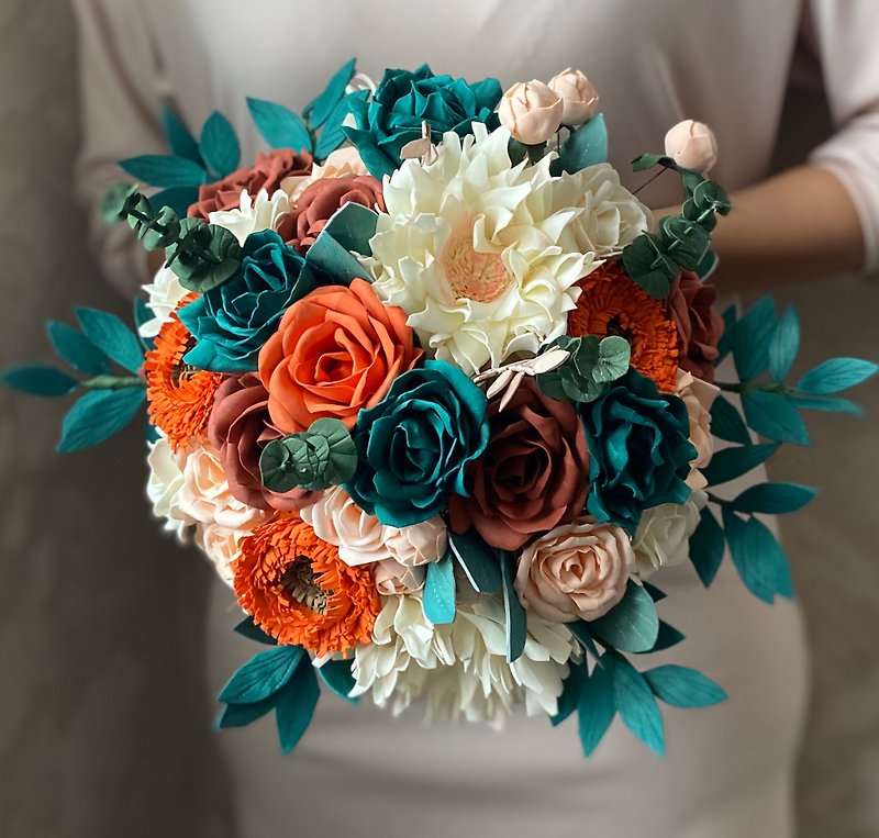 Other Materials Plants Orange - Teal and burnt orange wedding bouquet. Fall bridal bouquet. Everlasting flowers.