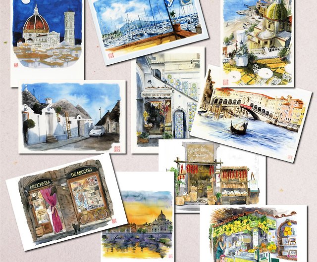 水彩画ポストカード10枚セット/イタリアの風景A - ショップ ~atelier