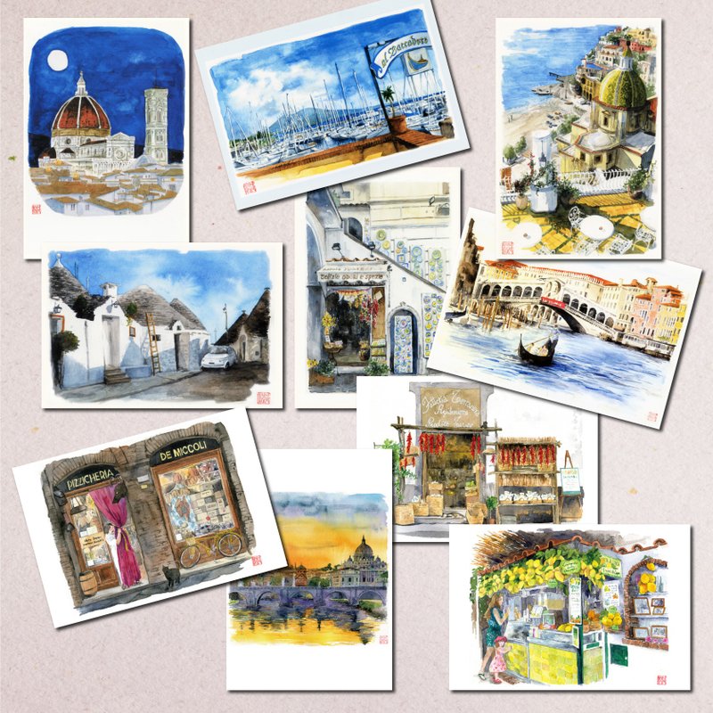 Set of 10 watercolor postcards/Italian scenery A - Cards & Postcards - Paper 