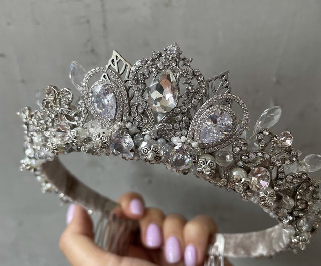 Silver Bridal Crown, Pearl Tiara, Crystal Headpiece, Wedding Hair