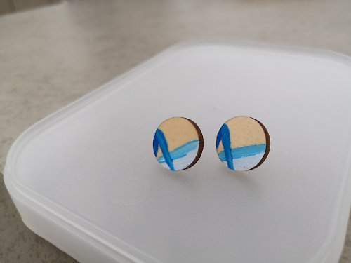 Tiny Gemini 小小雙子 手繪藍白線條木耳釘 - 耳針 耳環 木制 防敏 不鏽鋼