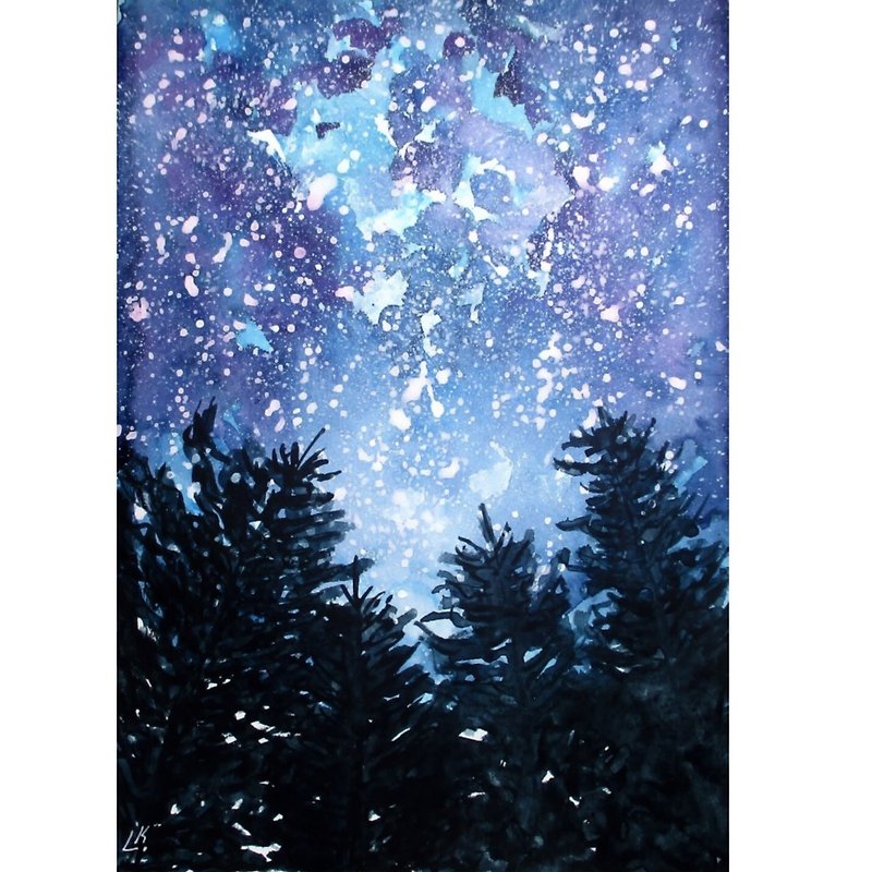 Original Painting Night Sky Art Pine Trees Landscape Artwork Pine Tree Artwork - Wall Décor - Paper Multicolor