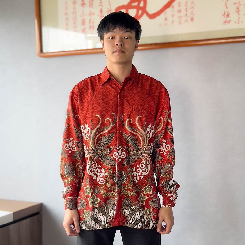 印尼蠟染幾何織紋長袖襯衫 SATRIA - 磚紅雙鳳 - SAT005 - 男裝 恤衫 - 其他材質 紅色