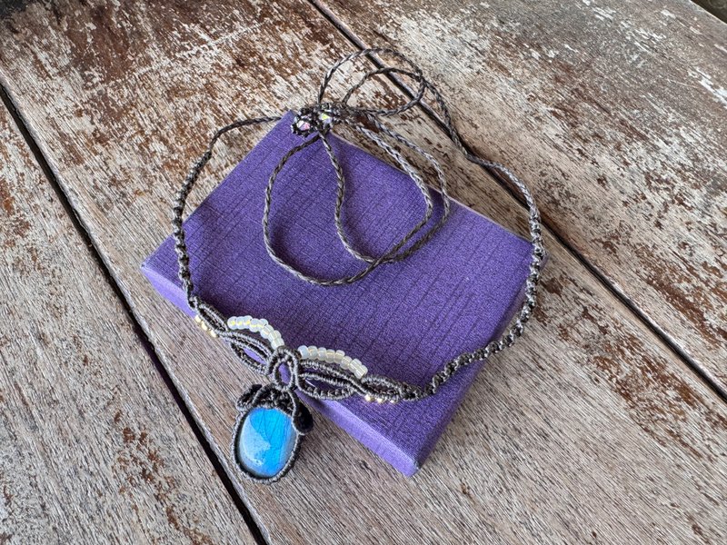 250315 Macrame 拉長石 編織 頸鍊 - 項鍊 - 半寶石 黑色