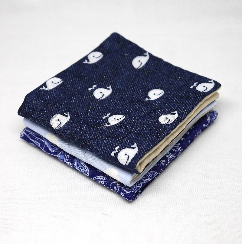Japanese Handmade 6 layer of gauze mini-handkerchief / 3 pieces in 1unit - Bibs - Cotton & Hemp Blue