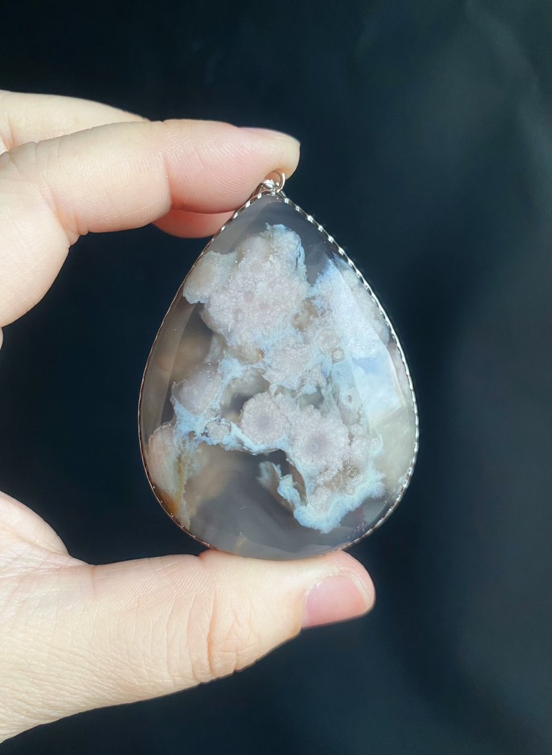 櫻花瑪瑙 粉花帶綠小碎花 水中花 項鍊 禮物 S925銀鑲 - 項鍊 - 水晶 灰色
