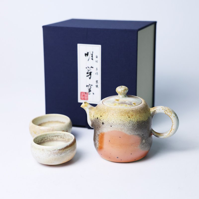 明芽窯 | 柴燒白瓷落灰金彩 暮霞釉影 茶壺 含兩茶杯 禮盒 H11 - 茶壺/茶杯/茶具 - 陶 橘色