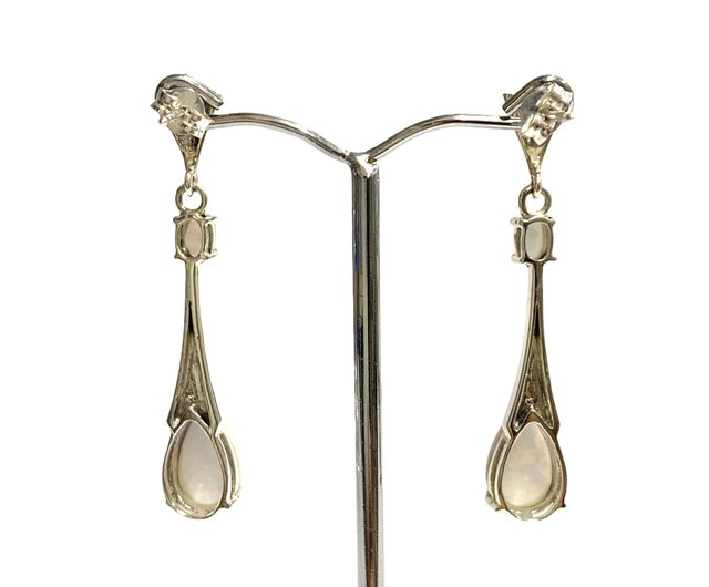 Art Deco Style Gilson Opal with Marcasite Stone Long Drop online Earrings 925 Sterling Silver