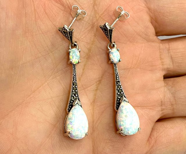 Art Deco Style Gilson Opal with Marcasite Stone Long Drop Earrings 925 2024 Sterling Silver